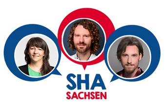 Die drei Mitarbeiter*innen der Selbsthilfeakademie Sachsen (Esther Golde, Benjamin Klose und Elias Albrecht).