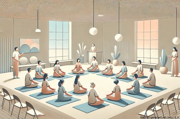 Menschen sitzen in einem Raum zusammen und machen Yoga