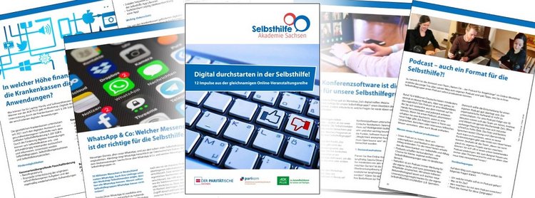 Fotomontage: Titelbild und Beispielseiten aus der Arbeitshilfe "Digital Durchstarten in der Selbsthilfe"