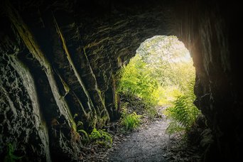 Blick aus einer Höhle raus in Richtung Licht
