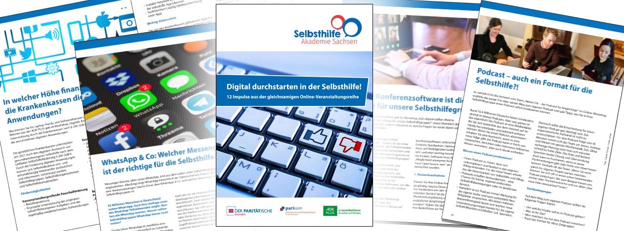 Fotomontage: Titelbild und Beispielseiten aus der Arbeitshilfe "Digital Durchstarten in der Selbsthilfe"