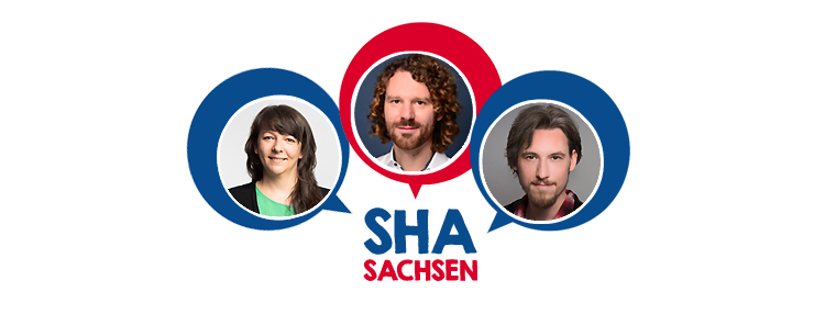 Die drei Mitarbeiter*innen der Selbsthilfeakademie Sachsen (Esther Golde, Benjamin Klose und Elias Albrecht).